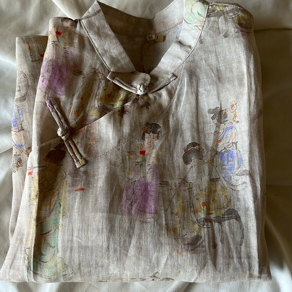 LINEN Oriental Mandarin Cropped Top Ancient Design - Picture 7 of 7